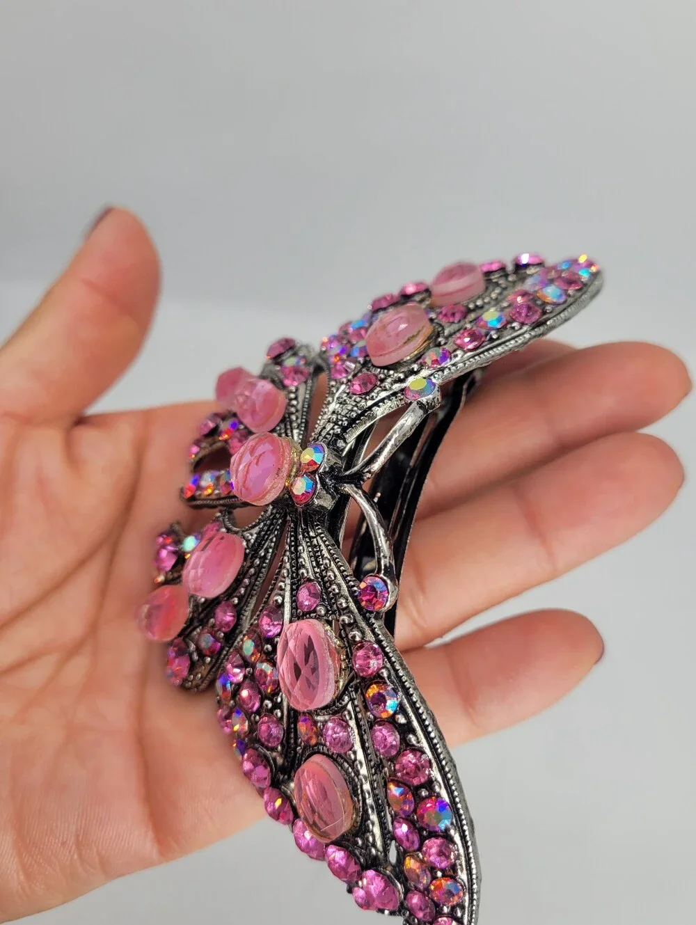 vintage-style butterfly hair clip sparkling pink rhinestones - Picture 4 of 8